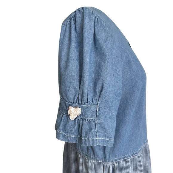 Vintage 90s TRULY YOURS Denim Pearl Button Up MIDI Dress Pockets White Rosettes - Picture 8 of 15